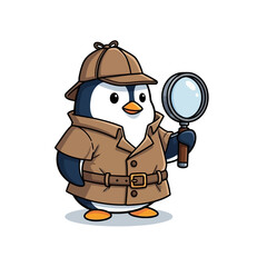 Naklejka premium Vector art of penguin detective with magnifying glass and trench coat, isolated on white background