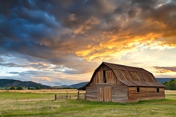 Rustic Barn Under a Dramatic Sky A Landscape of Golden Hour American Farm Vintage Architecture and Serene Countryside
