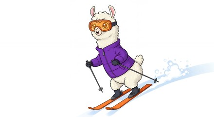 Fototapeta premium Cartoon llama skiing down snowy slope in winter attire