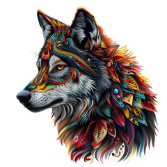 Vibrant and colorful wolf head with intricate tribal patterns and feather accents isolated on transparent background