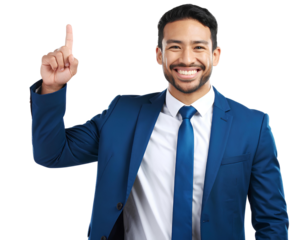 Man Smiling and Pointing Confidently, Dressed Smartly Against isolated on a transparent background.