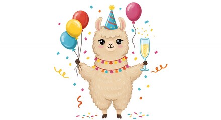 Cartoon llama with balloons and champagne flute celebrating a party