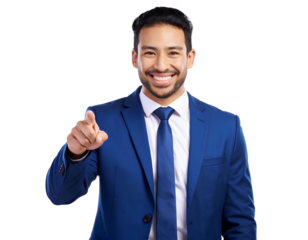 Man Smiling and Pointing Confidently, Dressed Smartly Against isolated on a transparent background.