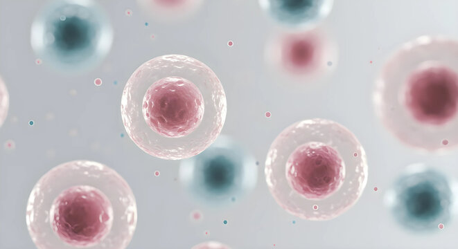 再生医療と生命科学をテーマにした、美しく抽象的な細胞の背景 - 研究や医療技術のプレゼンテーションに最適なCGイラスト