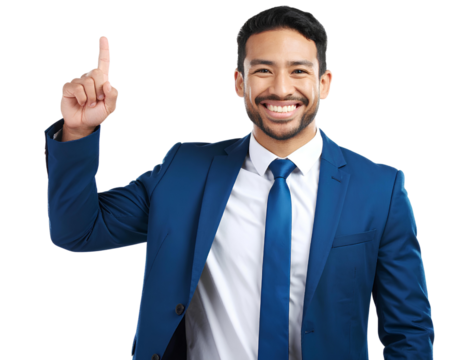 Man Smiling and Pointing Confidently, Dressed Smartly Against isolated on a transparent background. - Powered by Adobe