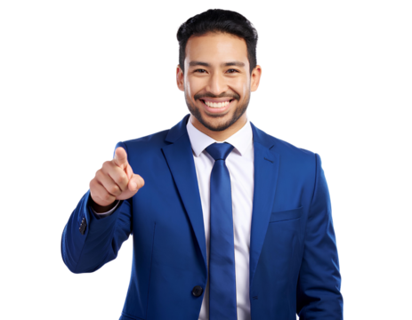 Man Smiling and Pointing Confidently, Dressed Smartly Against isolated on a transparent background.