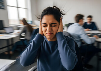 Autistic young indian woman with headphones in office eyes closed distressed showing sensory overload anxiety panic attack meltdown motion blur long exposure