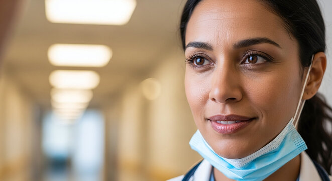Close up of a female doctor with a mask around her neck in a hospital hallway looking to the side