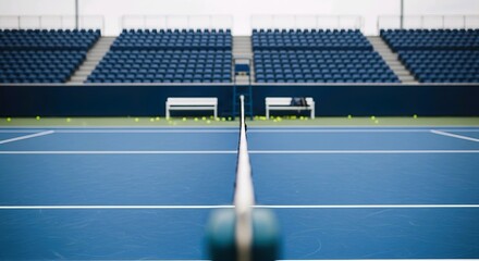 Empty blue tennis court with net and stadium seating ready for match