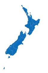 Detailed Blue New Zealand Map with Regional Borders