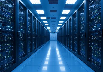 Perspective view of a modern data center with rows of servers