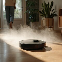 Robot vacuum cleaner on hardwood floor.  Person walking by
