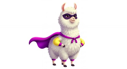 Superhero llama illustration with cape and mask on white background