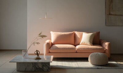 Modern, peach sofa in a sunlit room