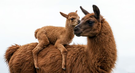 Two llamas one adult and a juvenile against white background
