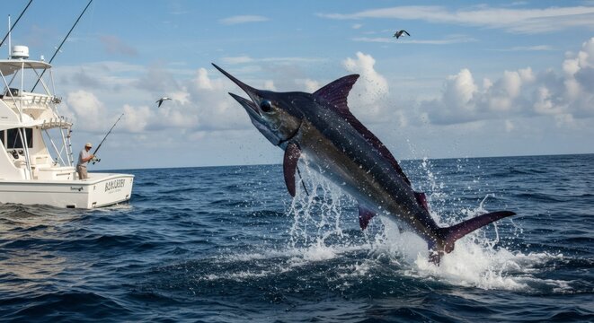 Leaping Marlin Ocean Majesty with Fishing Adventure at Sea.