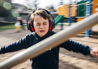Autistic child boy at school playground with noise cancelling headphones eyes shut distressed showing sensory overload anxiety panic meltdown motion blur
