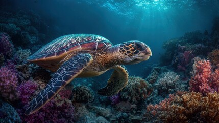 Obraz premium Hawksbill Sea Turtle Gliding Through Colorful Coral Gardens in Deep Tropical Waters