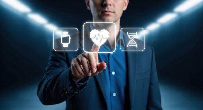 Businessman touching futuristic digital healthcare interface with heart rate and DNA icons