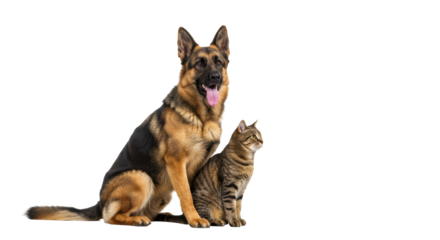 A calm, well-groomed black and tan german shepherd and a brown tabby cat seated side-by-side on a transparent studio background with copy space, harmonious partnership concept