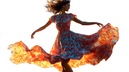 Woman in floral dress twirling with arms outstretched against a black background in a dynamic pose