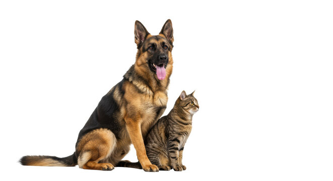 A calm, well-groomed black and tan german shepherd and a brown tabby cat seated side-by-side on a transparent studio background with copy space, harmonious partnership concept - Powered by Adobe
