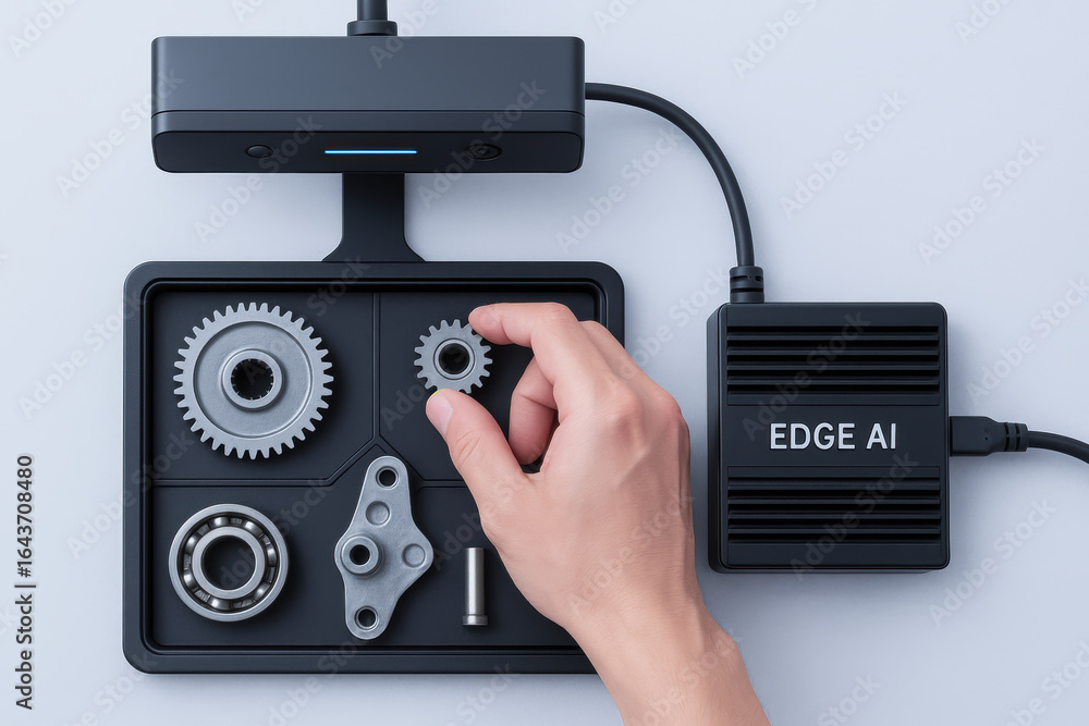 Aufkleber ai technology image processing in industry production with hand assembling mechanical gear parts for