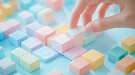 Hand Arranging Pastel Colored Cubes on Blue Surface, Creative Concept