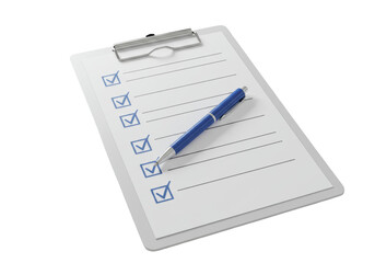 Pristine modern white clipboard with crisp paper, neat blue checkmarks, blue pen, on white background, soft studio light, overhead flat lay. Concept of efficiency and task completion