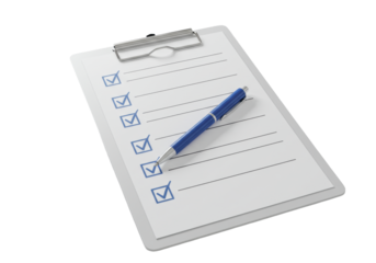 Pristine modern white clipboard with crisp paper, neat blue checkmarks, blue pen, on white background, soft studio light, overhead flat lay. Concept of efficiency and task completion