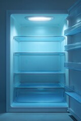 An empty, brightly lit refrigerator interior with three glass shelves and a crisper drawer, door ajar, showing a clean, minimalist design