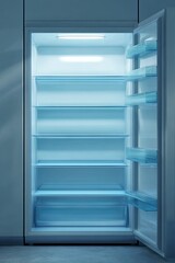 An empty, brightly lit refrigerator stands ajar, revealing its clean, glass shelves and crisper drawer against a muted background