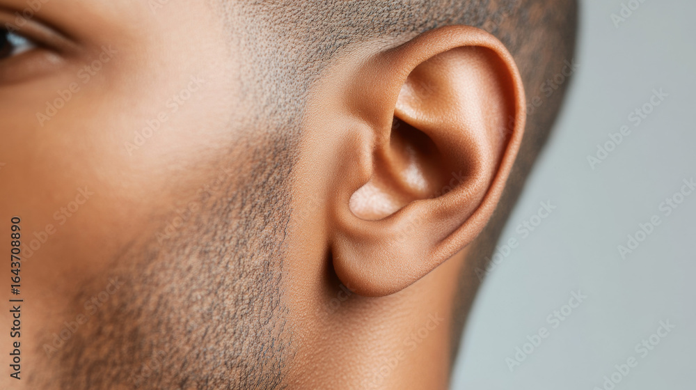 Poster a close-up image of a keloid scar located behind the ear, captured with a macro lens, showcasing nat