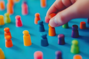 Colorful Wooden Figurines Arranged on Blue Surface Being Moved by Hand