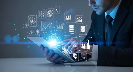 Man in suit using tablet with ai and data analysis graphics floating in the air over the device screen