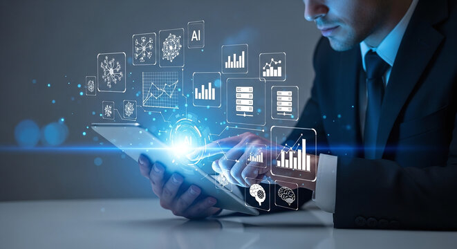 Man in suit using tablet with ai and data analysis graphics floating in the air over the device screen