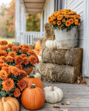 Cozy fall house featuring a front door and porch adorned with a festive autumn wreath, flower pots, and pumpkins