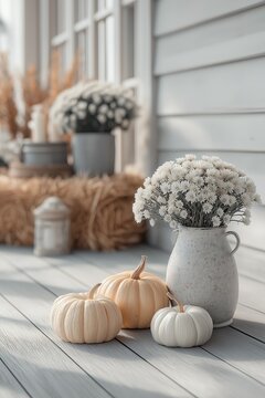 Cozy fall front porch with pumpkins, chrysanthemums, and hay bales