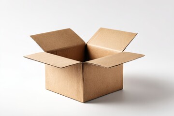 An empty, light brown cardboard box sits open on a white background, showing its square shape and slightly shadowed interior