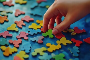 Child Hand Holding Green Puzzle Piece on Blue Background