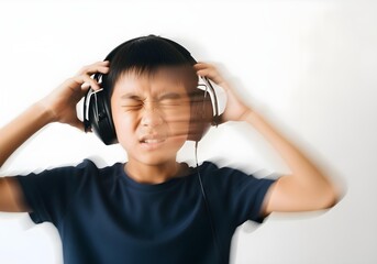 Fototapeta premium Autistic asian child boy with noise cancelling headphones eyes shut distressed showing sensory overload anxiety panic meltdown motion blur against plain background