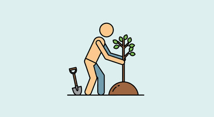 Conceptual graphic representing environmental stewardship, with a figure planting a sapling to foster growth and support reforestation efforts