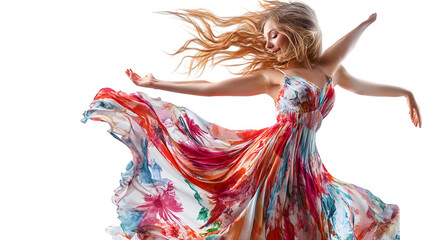 Woman with blonde hair in motion wearing a colorful floral dress against a black background in a studio