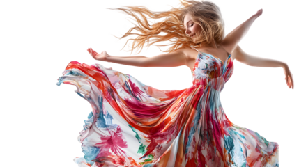 Woman with blonde hair in motion wearing a colorful floral dress against a black background in a studio