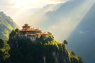 Serene Monastery Retreat Majestic Mountain Views Temple and Breathtaking Scenery Bhutan Landscape Cliffside Building
