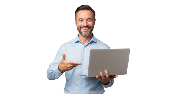 Smiling Man Holding Laptop and Presenting computer technology happy cheerful business professional executive office work digital online internet communication connection