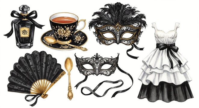 Elegant black and gold themed still life featuring masks, a dress, perfume, a fan, and a cup of tea for a mysterious evening.