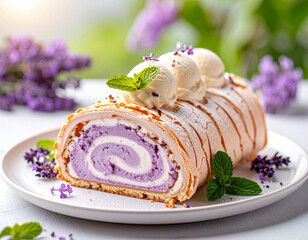Biskuitrolle mit Lavendel, Vanillecreme und Eiscreme
