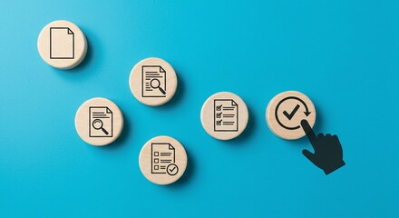 Process flow of business documentation, review, and approval. Hand clicking through stages of a workflow system.