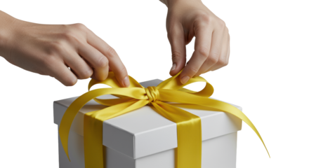 Well-manicured neutral hands delicately untying a vibrant yellow satin ribbon from a sleek matte white gift box in a minimalist studio with soft light and transparent background, concept of premium